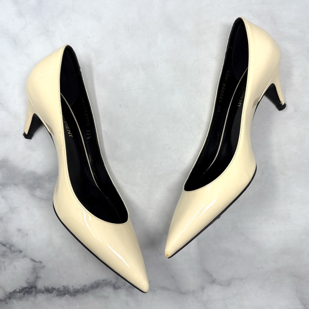 Saint Laurent Charlotte 55 Patent Leather Pointed Toe Kitten Heel Pumps Ivory - Picture 4 of 15